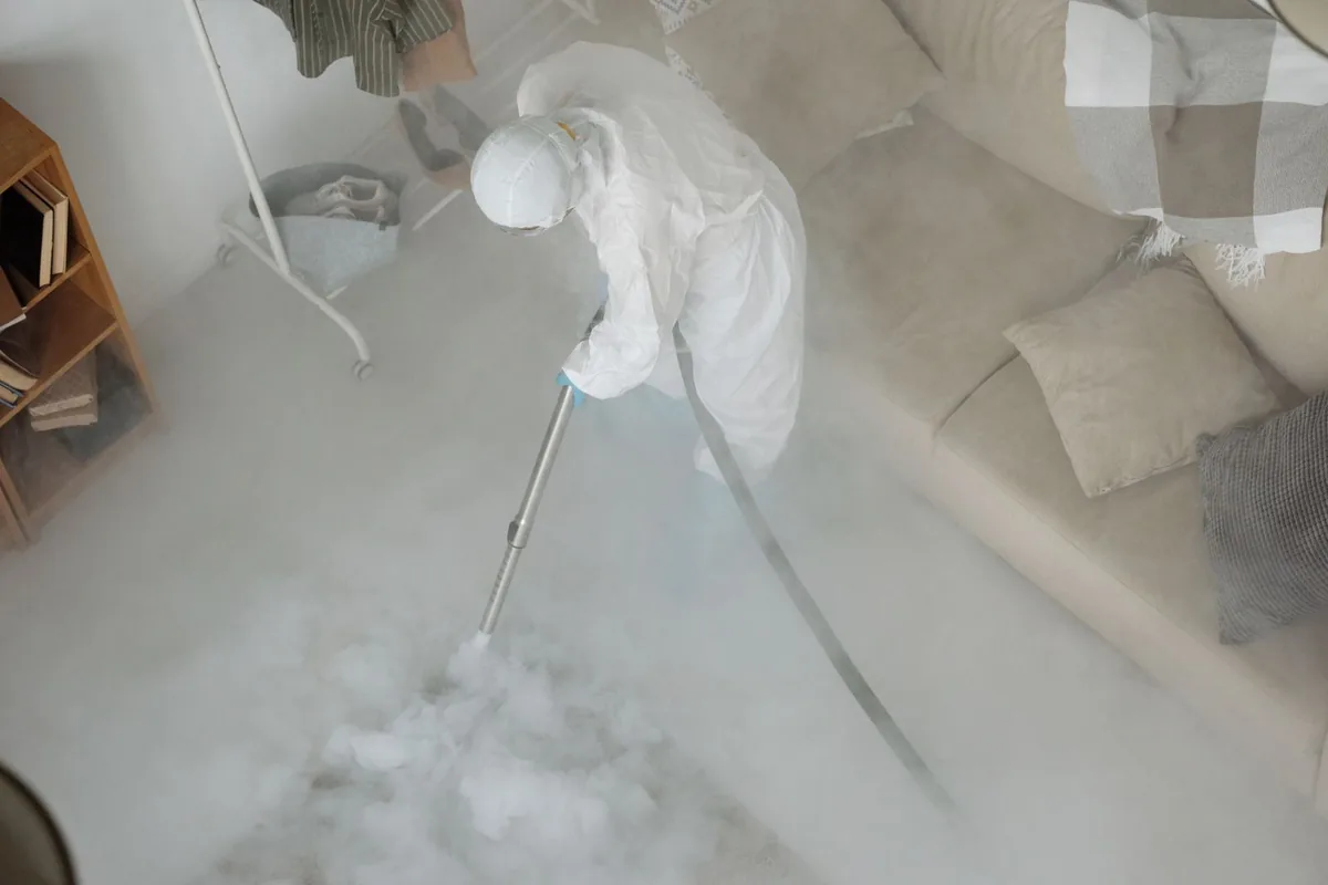 Biohazard cleanup technician in protective equipment, Mount Vernon, VA